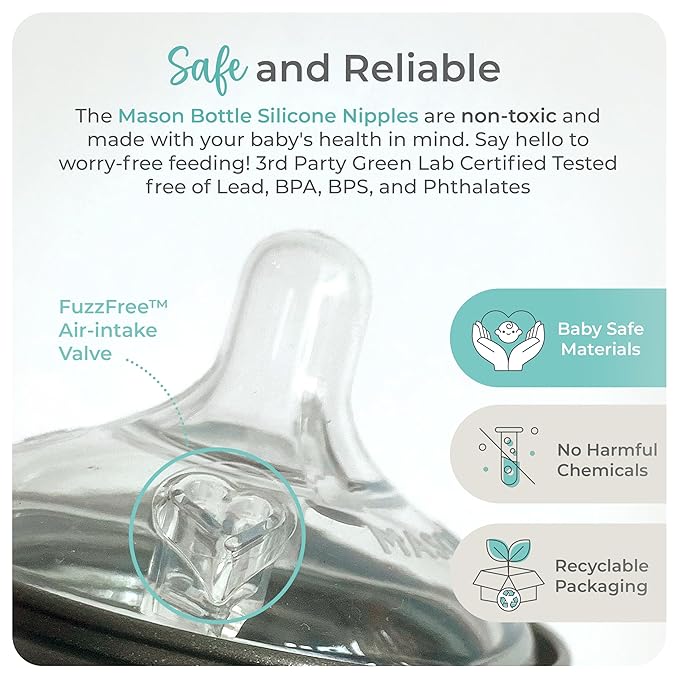 Mason Bottle Fast Flow Nipples (6+ Months) – Silicone Baby Bottle Nipples, Fits Any Regular-Mouth Mason Jars – Wide Natural Shape, BPA-Free, Non-Toxic, Made in USA (2-Pack)