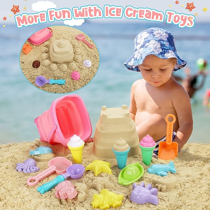Beach Toys, Ice Cream Sand Toys for Toddlers, with Collapsible Bucket and Shovels for Kids with Bag, Travel Toys for Boys Baby Girls Age 3 4 5 6 7 8+