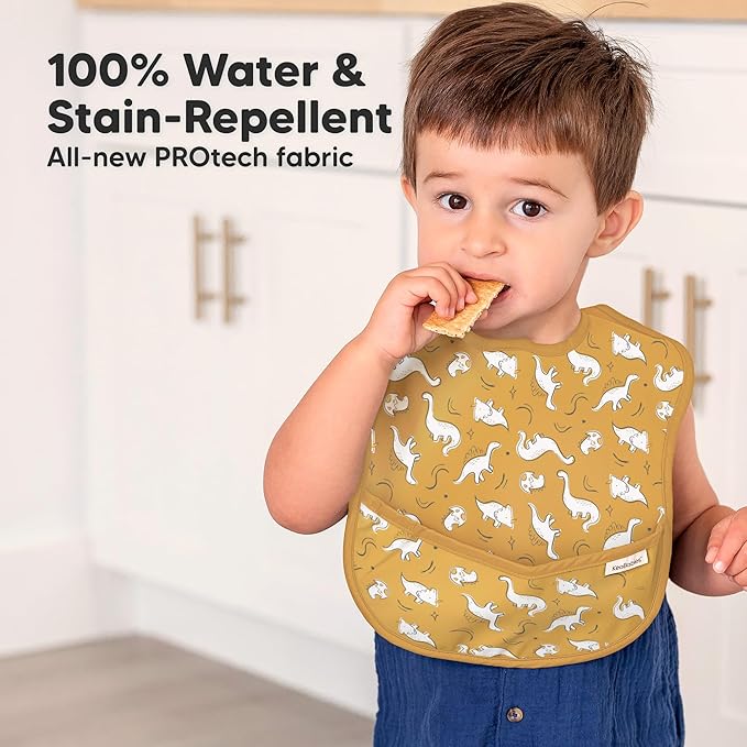 KeaBabies 3-Pack Waterproof Baby Bibs for Eating - Lightweight Toddler Feeding Bibs with Large Food Catcher, Mess Proof, Food-Grade Baby Eating Essentials, Easy to Put On & Clean (Mesozoic)