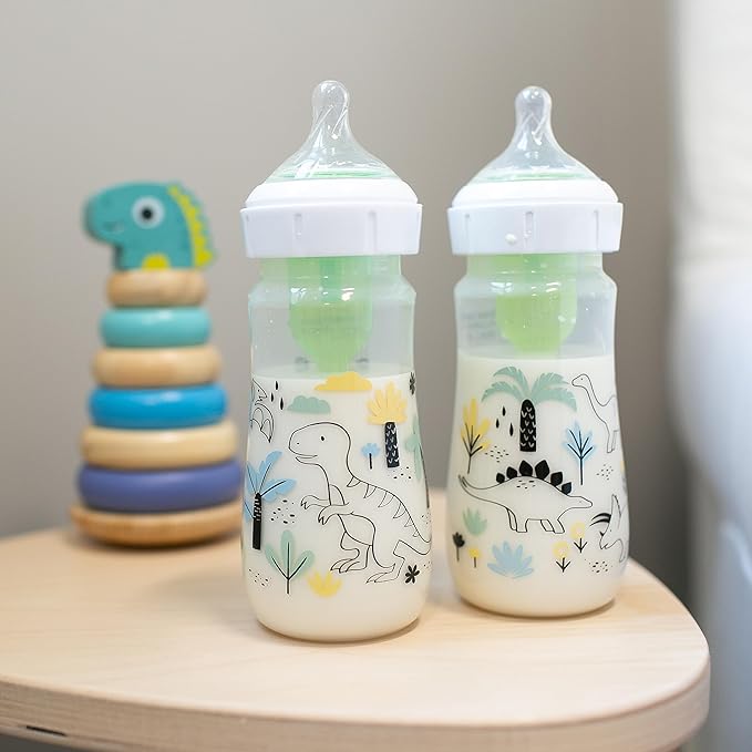 Dr. Brown's Natural Flow® Anti-Colic Options+™ Wide-Neck Baby Bottle Designer Edition Bottles, Dino Decos, 9oz/270mL, Level 1 Nipple, 2-Pack, 0m+
