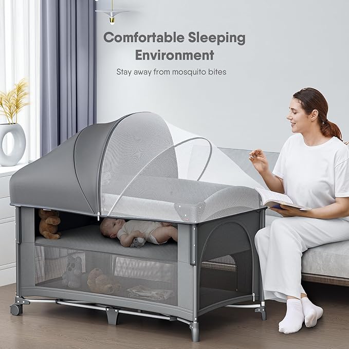 4 in 1 Baby Bassinet, Pack and Play, Bedside Crib Sleeper, Diaper Changer - Comes with Mattress, Mosquito Net, Bottom Storage and Toy Bar for Newborn to Toddles