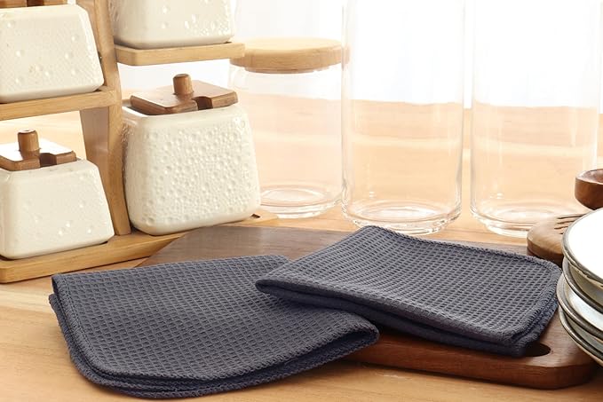 PurpleEssences Dish Cloths and Dish Rags - 8 Pack Waffle Weave Solid Kitchen Dish Wash Cloths, 100% Cotton, 12 x 12 Inches, Ultra Soft Absorbent Quick Drying - Fall Thanksgiving - Dark Grey