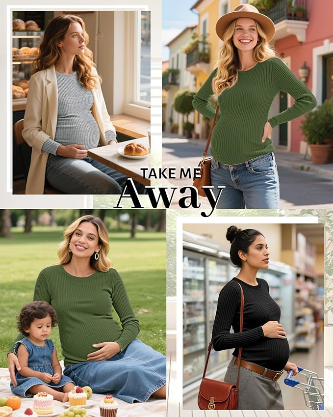 Riyiper 3 Pack Women's Maternity Shirts Long Sleeve Ribbed Knit Pregnancy Tees Cotton Crewneck Tunic Clothes Casual Fall Tops