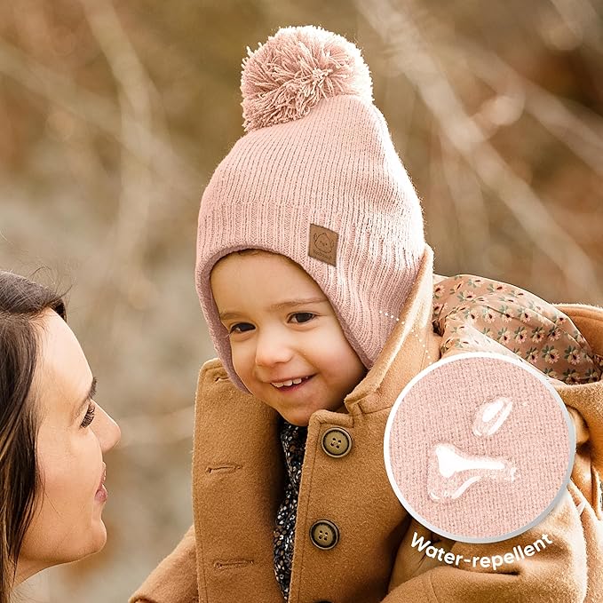 Baby Beanies, Baby Hats for Boys, Girls - Cute Toddler Winter Hat, Soft & Stretchy Beanies for Infant, Newborn 6-36 Months, Cozy & Warm with Earflap Muff & Pom (Blush)