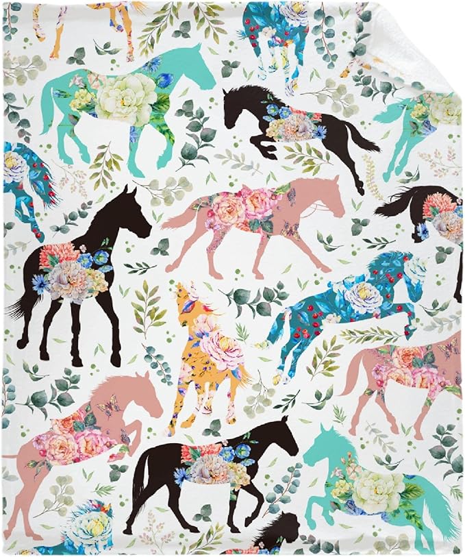 Colorful Floral Horse Blanket for Teen Flowers Animals Throw Blanket Gifts for Girls Boys Soft Throws Blankets All Seasons 50×60 Inches for Bed Office