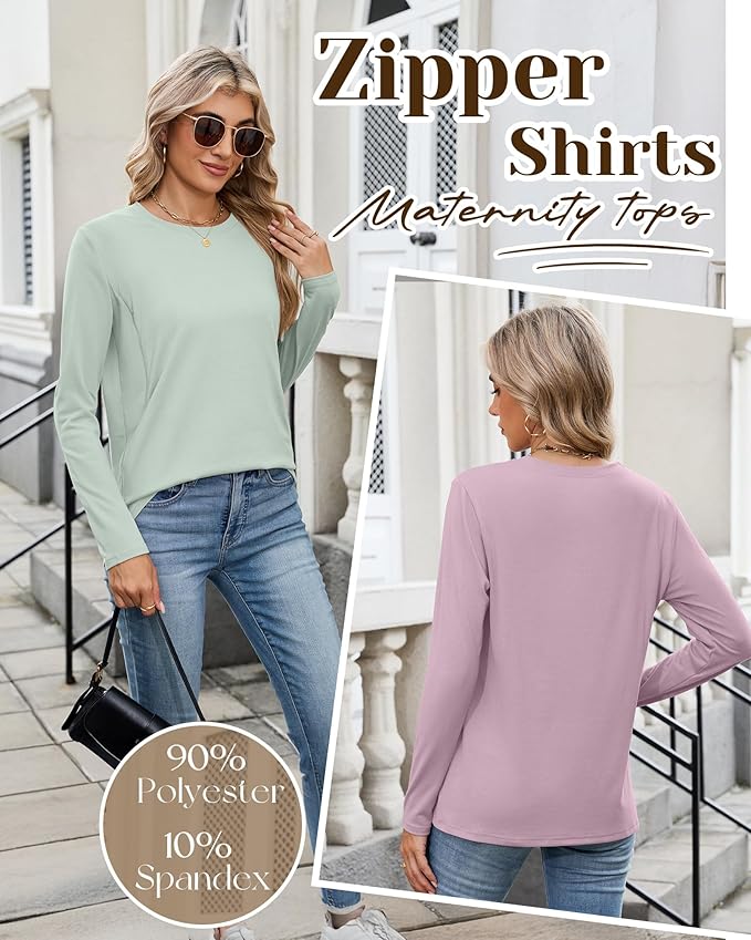 4 Pack Women's Nursing Breastfeeding Tops, Long Sleeve Maternity Shirts Loose Fit Hidden Zipper Pregnancy Clothes