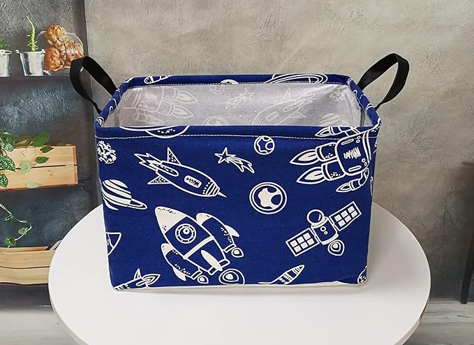 Rectangle Kids Gift Storage Basket Shelf Storage Basket Organizer Box Clothes Laundry Hamper Toys Nursery Basket Baby Laundry Basket with Handles (REC-Navy Spacecraft)