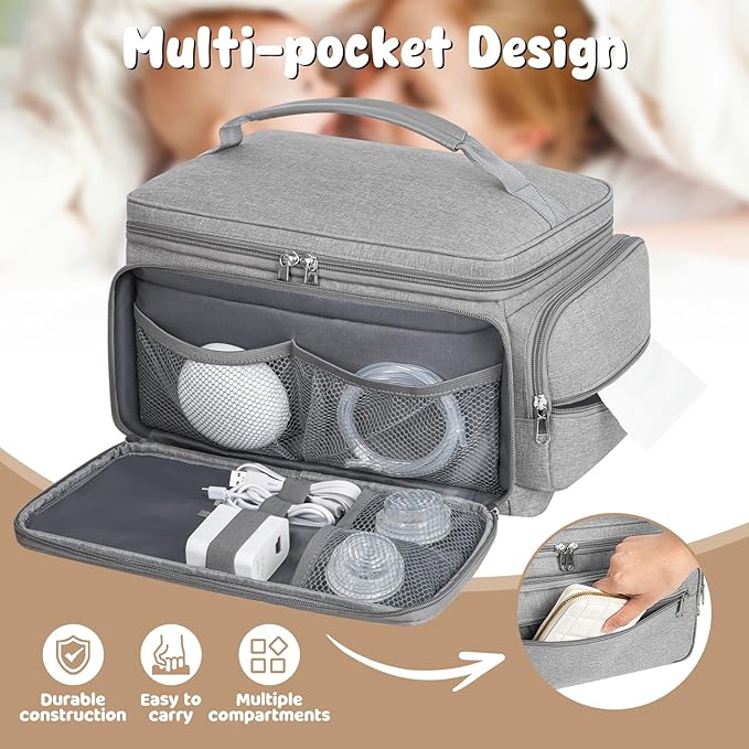 Breast Pump Bag for Spectra S1 S2 with Waterproof Mat, Breast Milk Cooler Bag for Pump Essentials, Pumping Bags for Working Mom Travel Camping, Grey
