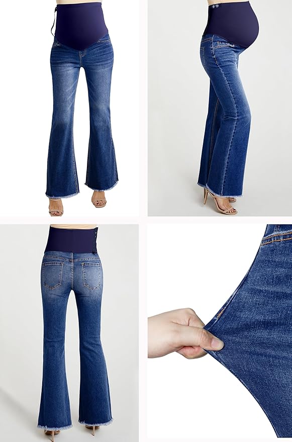 BLENCOT Maternity Jeans for Women Over Belly Pregnancy Pants Comfy Pregnant Jeans Flare Denim Jeans with Pockets