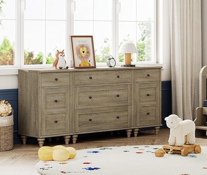 WAMPAT Grey Dresser for Kids Bedroom with 5 Drawers and 2 Storage Cabinet, Nightstands with Charging Station for Living Room, Mid Century Modern Baby Dressers with Wide Chest of Drawers for Nursery