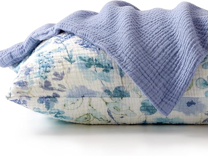 TILLYOU Muslin Toddler Pillowcase 2 Pack, 13x18 Soft Travel Cotton Pillow Case Kids for Boys and Girls, Blue Flower