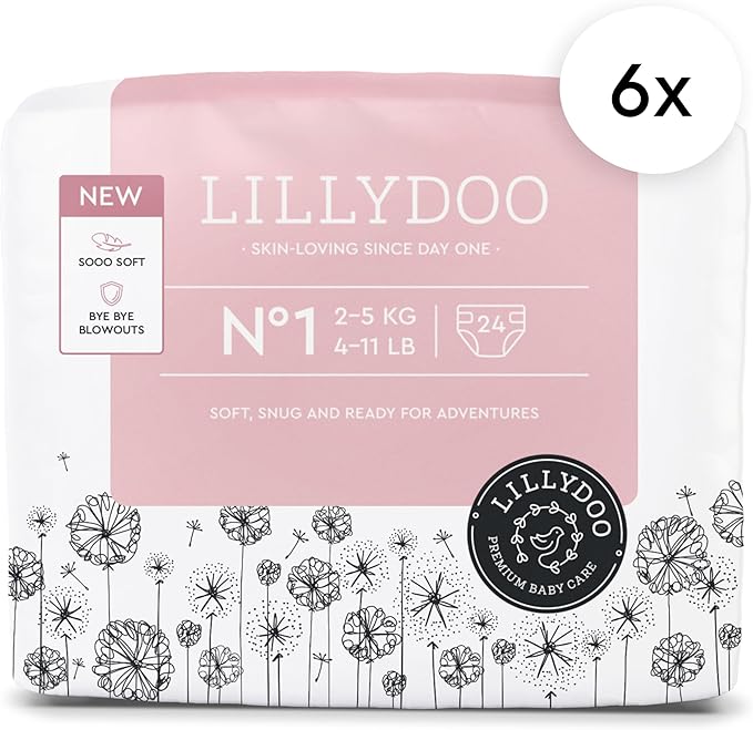 LILLYDOO Baby Diapers - Size 1 (4-11 lbs), Monthly Supply (144 Count), Leak Protection, Skin-Friendly, Ultrasoft, Perfume- & Chlorine-Free, Hypoallergenic, Dermatologist Tested, Oeko-TEX®
