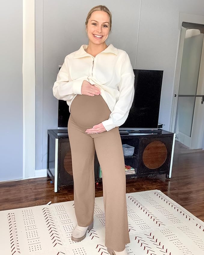 G4Free BareFeel Maternity Dress Yoga Pants Over The Belly Stretchy Work Slack Pregnancy Wide Leg Lounge Trousers
