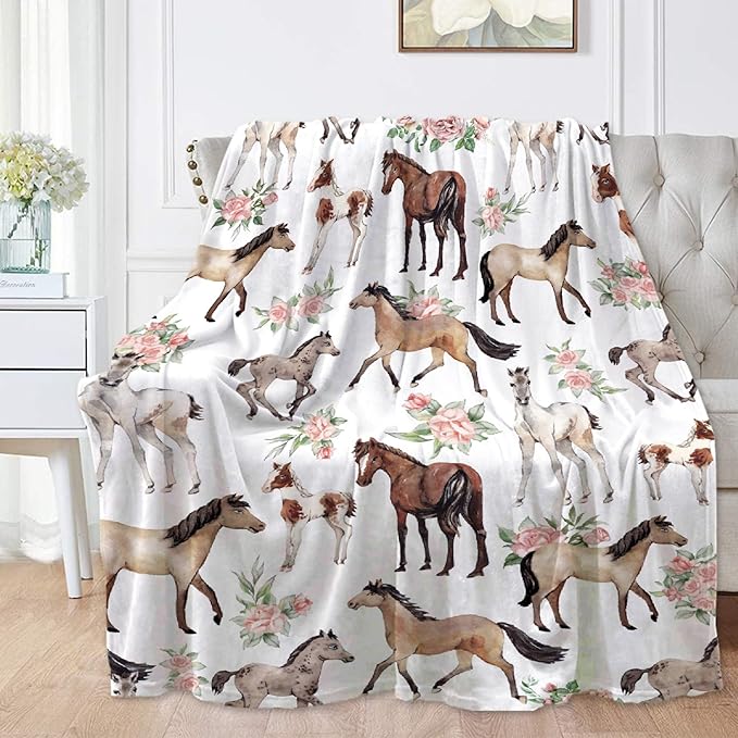 Horse Rose Blanket for Teen Flowers Throw Blanket Gifts for Girls Boys Soft Throws Blankets All Seasons 50×60 Inches for Bed Office