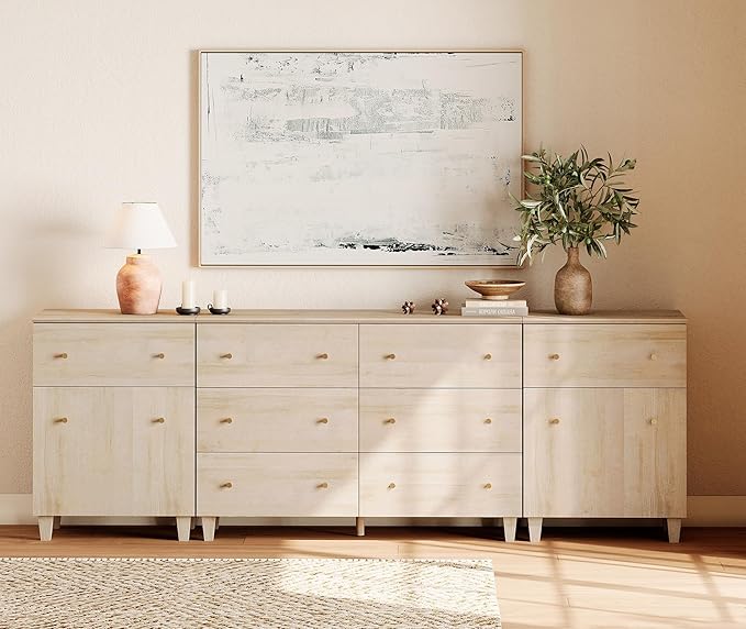 WAMPAT 8 Drawers Dresser Chests for Bedroom, 3-in-1 Modern Light Oak Wood Closet Storage Organizer Furniture with Door and Adjustable Shelves for Kids Room, Nursery, 94.4" Wide