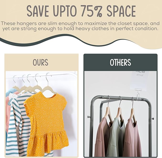 50 Premium Kids Velvet Hangers - 14" Non-Slip Clothes Hangers for Kids & Preteens - Ultra Slim, Space-Saving, Strong & Durable Hangers with 360° Swivel Hook - Ivory