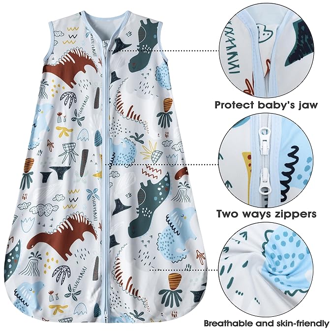 Baby Sleep Sack 0-6 Months 3 Pack Baby Wearable Blanket 100% Rayon Cotton 2-Way Zipper Toddler Sleeping Sack .Comfy Soft Lightweight TOG 0.3 (Elephant&Dinosaur&Hexagon,)