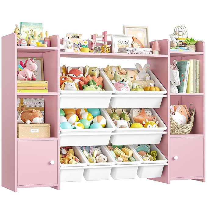 FOTOSOK 55''Large Toy Storage Organizer with 8 Toy Bins, Toy Organizers and Storage with Shelf and 6 Storage Cubbies, Bookshelf for Kids, Playroom Organization and Storage Bins, Pink