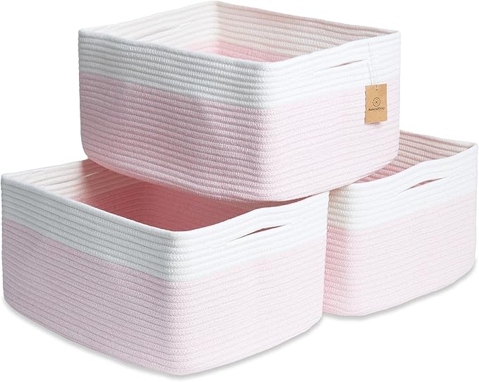 NaturalCozy Storage Baskets 16.8”x13”x7.6” Cotton Rope Woven Baskets for Organizing 3-Pack | Toy Storage Bins | Basket for Shelves, Laundry, Blanket, Clothes, Closet, Kitchen, Bathroom, Gifts