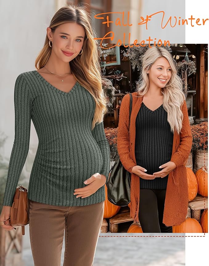 Ficerd 3 Pack Women's Maternity Shirts Ribbed Long Sleeve Pregnancy Tops V Neck Knit Side Ruched Pregnant Clothes Sweater