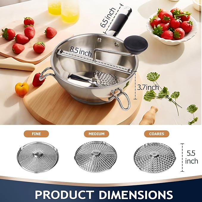 Food Mill Stainless Steel With 3 Grinding Discs and Complete Canning Supplies Starter Kit of 8-Includes Tongs, Jar Lifter, Wrench, Lid Lifter, measurer,Funnel,Labels,Multifunctional Spoon(GJ-OG-GR)