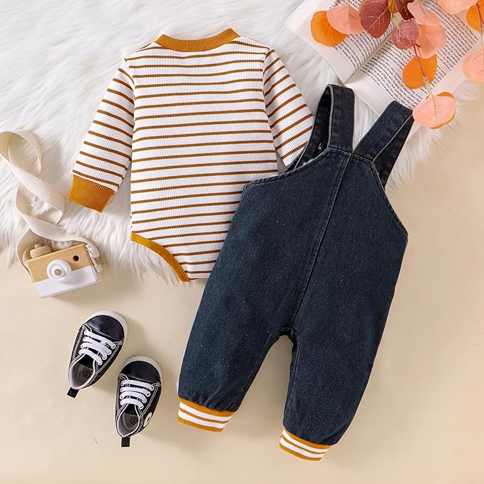 Baby Boy Clothes Fall Winter Outfits Long Sleeve Striped Romper Cute Cartoon Jeans Overalls Pants Set 0-18 Months