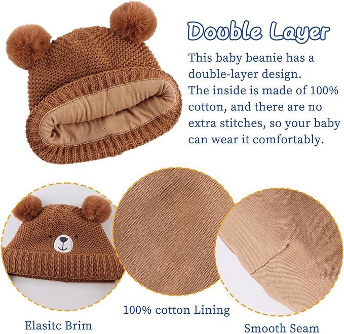 JANGANNSA Cute Bear Baby Beanie Pompom Baby Boys Hat Infant Toddler Winter Knitted Beanies for Girls