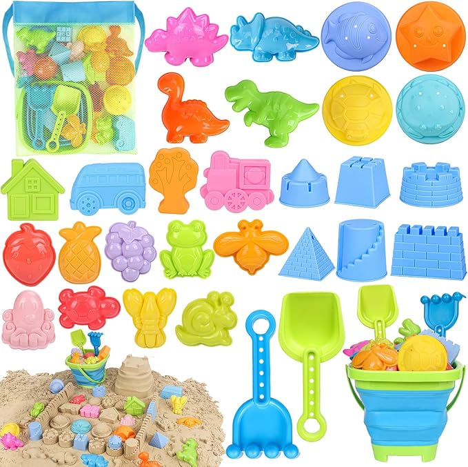 Beach Toys, Collapsible Sand Toys for Toddlers, Sand Bucket and Shovels Set with Mesh Bag Cute Sand Molds, Travel Sand Toys for Beach, Sandbox Toys for Toddlers Kids Baby Boys Girls Age 3-10