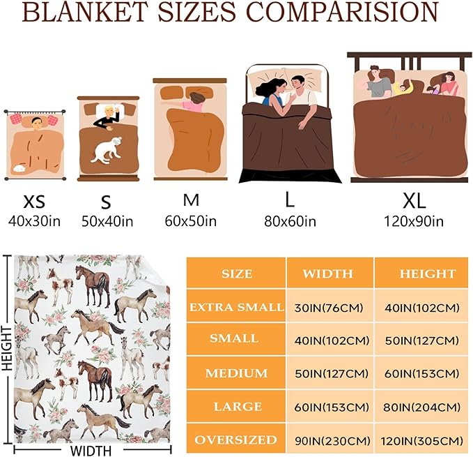 Horse Rose Throw Blanket for Women Men Flowers Blanket Gifts for Adults Cute Horses Lightweight Blanket 60X80 Inches for Bed All Season