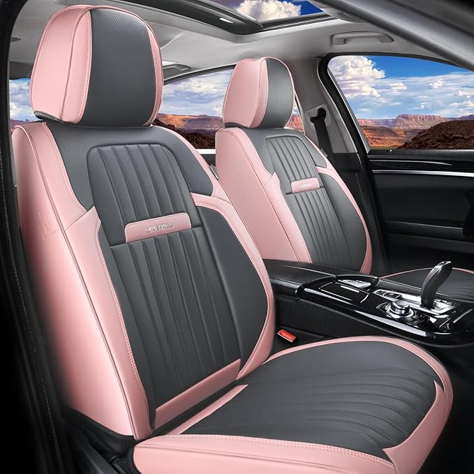 Coverado Car Seat Covers Full Set, Nappa Leather Seat Covers for Cars, Waterproof Car Seat Covers Front Seats and Back, Automotive Car Seat Protector Car Seat Cushion Fit for Most Cars (Pink&Grey)