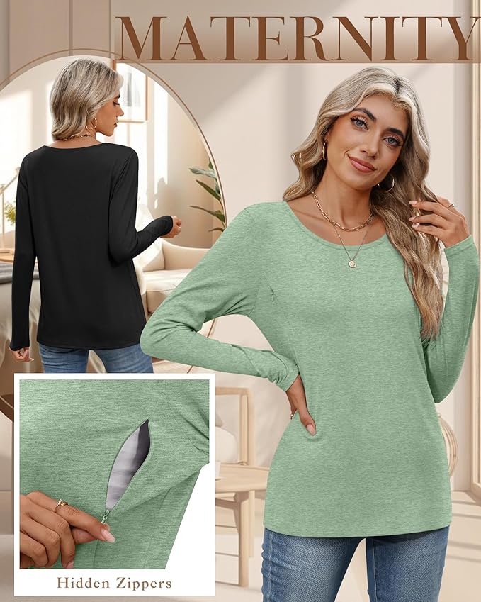 4 Pack Women's Cotton Nursing Tops, Breastfeeding Maternity with Hidden Zippers Crew Neck Long Sleeve Pregnancy Shirts