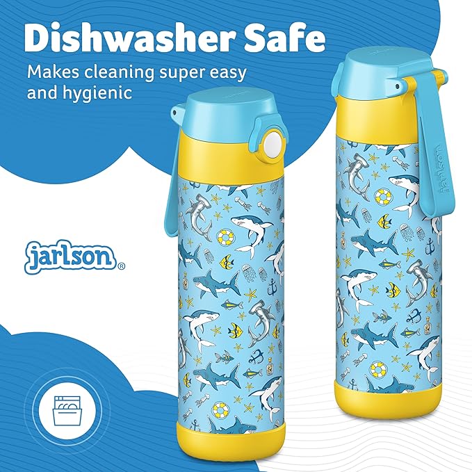 Jarlson® Mali Children's Water Bottle, Thermal Stainless Steel Water Bottle, BPA-Free, Leak-Proof, Children's Bottle with Chug Lid, Bottle for School, Nursery (Sharks, 500 ml)