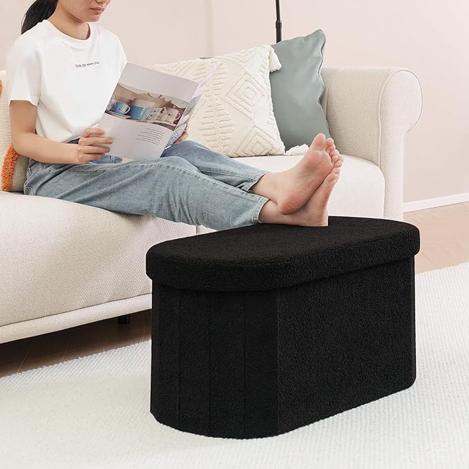 B FSOBEIIALEO Ottoman with Storage for Living Room, Sherpa Folding Storage Ottoman Foot Rest, 30 Inches Collapsible Bedroom Bench Black