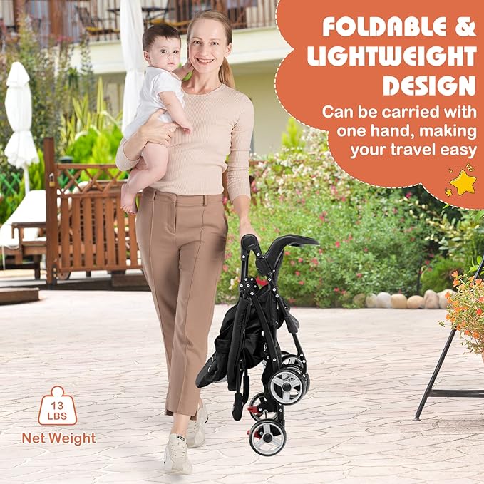 HONEY JOY Travel Stroller, Quick Fold Lightweight Baby Umbrella Stroller for Airplane, Adjustable Canopy & Backrest, Storage Basket, Removable Meal Tray, Compact Stroller Newborn and Toddler(Black)