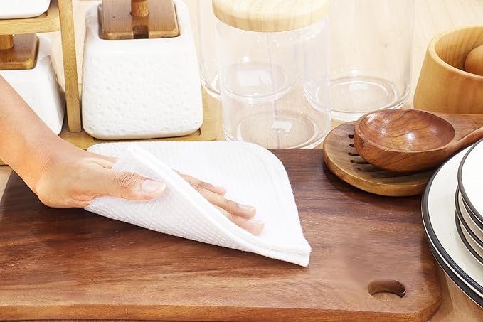 PurpleEssences Dish Cloths and Dish Rags - 8 Pack Waffle Weave Solid Kitchen Dish Wash Cloths, 100% Cotton, 12 x 12 Inches, Ultra Soft Absorbent Quick Drying - Fall Thanksgiving - White