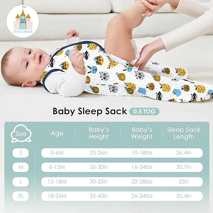 Cute Castle Baby Sleep Sack 0-6 Months - Lightweight 100% Cotton 2-Way Zipper TOG 0.5 Infant Wearable Blanket, Newborn Essentials Toddler Sleep Clothes, 3 Pack(Blue, Balloons, Animals)