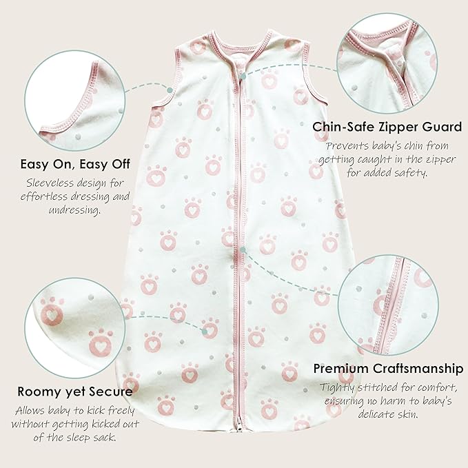 Cute Castle Baby Sleep Sack 6-12 Months - Lightweight 100% Cotton 2-Way Zipper TOG 0.5 Infant Wearable Blanket, Newborn Essentials Toddler Sleep Clothes, 3 Pack(Pink, Bear, Bear Claw)