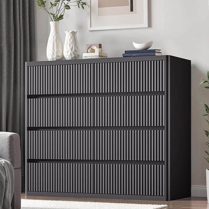 Black Dresser for Bedroom, 8 Drawers Double Fluted Dressers, Modern Chest of Drawers with Curved Profile, Handleless, Storage Closet Dressers for Bedroom, Living Room, Entryways, Natural