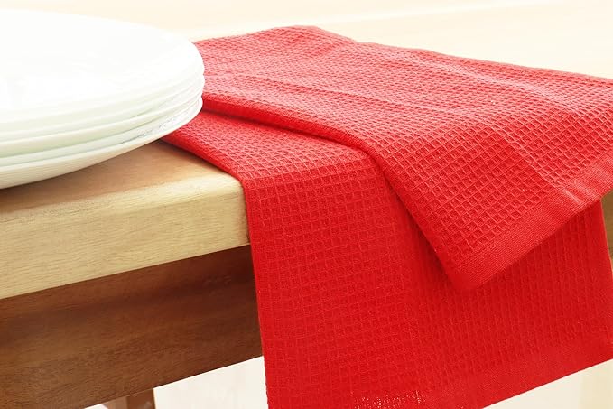 PurpleEssences Waffle Weave Kitchen Towel, 100% Cotton - 15 x 25 Inches, with Hanging Loop Ultra Soft Absorbent Quick Drying Dish Cloth, Tea and Hand Towels, 4 Pack - Fall Thanksgiving - Red