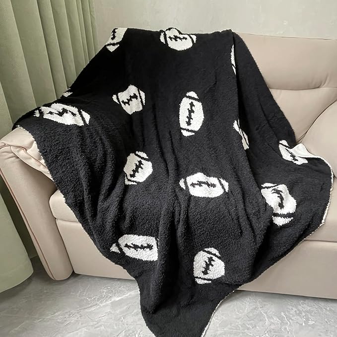 Cozy Football Pattern Blanket Perfect Lightweight Bedding for Adults, Soft, Warm, and Plush Rugby Sports Blanket Great for Bed Sofa (Rugby-Black, 50"x60")