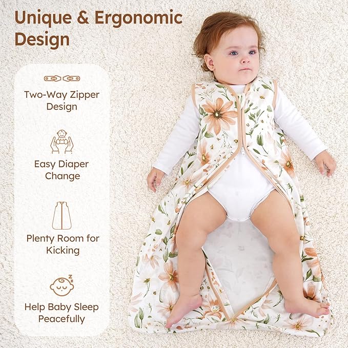 Baby Sleep Sack 12-18 Months 100% Cotton Lightweight 0.5 TOG Wearable Blanket Baby Sleep Bag with 2-Way Zipper for Infant Toddler Orange Flowers