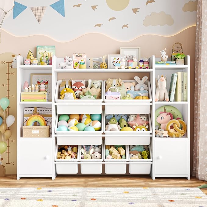 FOTOSOK 55''Large Toy Storage Organizer with 8 Toy Bins, Toy Organizers and Storage with Shelf and 6 Storage Cubbies, Bookshelf for Kids, Playroom Organization and Storage Bins, White