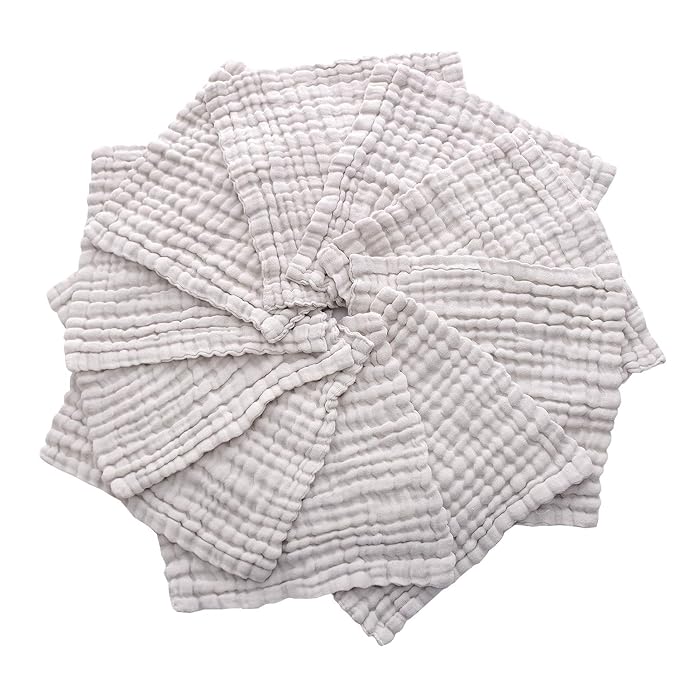MUKIN Baby Washcloths - Natural Cotton Baby Wipes - Soft Newborn Face Towel for Sensitive Skin - 10 Pack, 12x12 inches