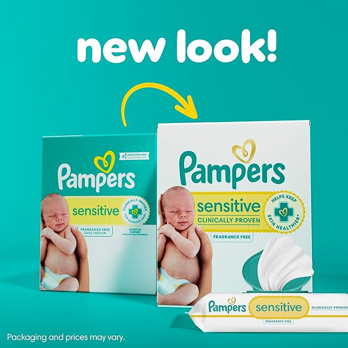 Pampers Baby Wipes Sensitive, Water Based Baby Wipes, Hypoallergenic and Unscented Baby Wipes, 56 Wipes Total (1 Flip-Top Packs)