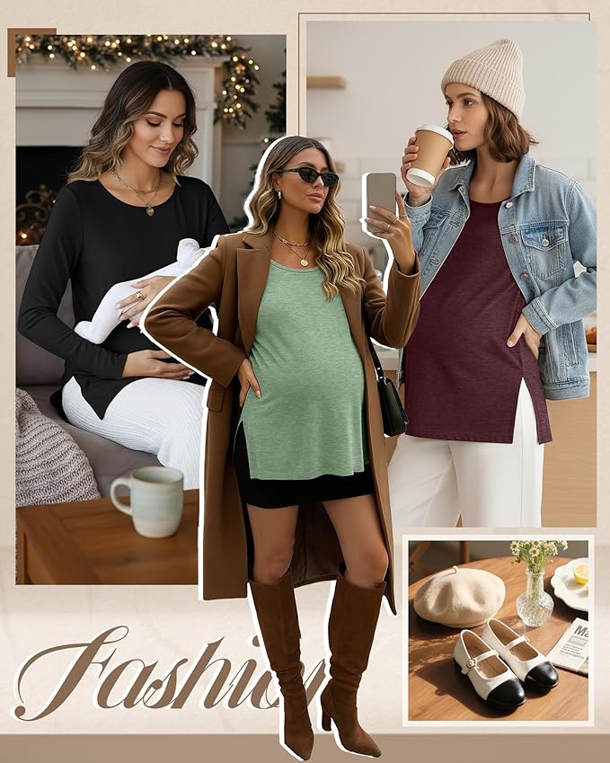 Riyiper 3 Pack Women's Maternity Long Sleeve T-Shirts Round Neck Side Split Tops Loose Casual Pregnancy Mama Clothes Fall