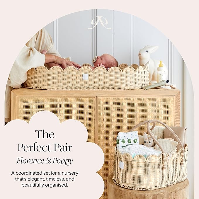 Bebe Bask Premium Baby Changing Basket - Artisan-Crafted Scalloped Rattan - Changing Basket for Baby Dresser - All Accessories Included - Complete Set for Nursery (Natural)