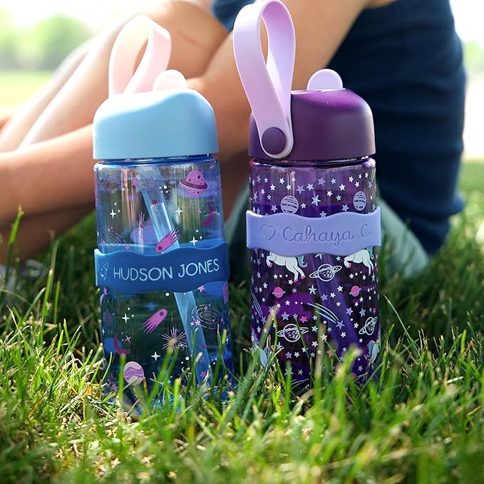 InchBug Orbit Labels Baby Bottle and Water Bottle Silicone Name Bands – Personalized Reusable Label Set for Daycare, Sippy Cups, Preschool, Elementary School, Dishwasher Safe, 4-Pack (Lavender Gelato)
