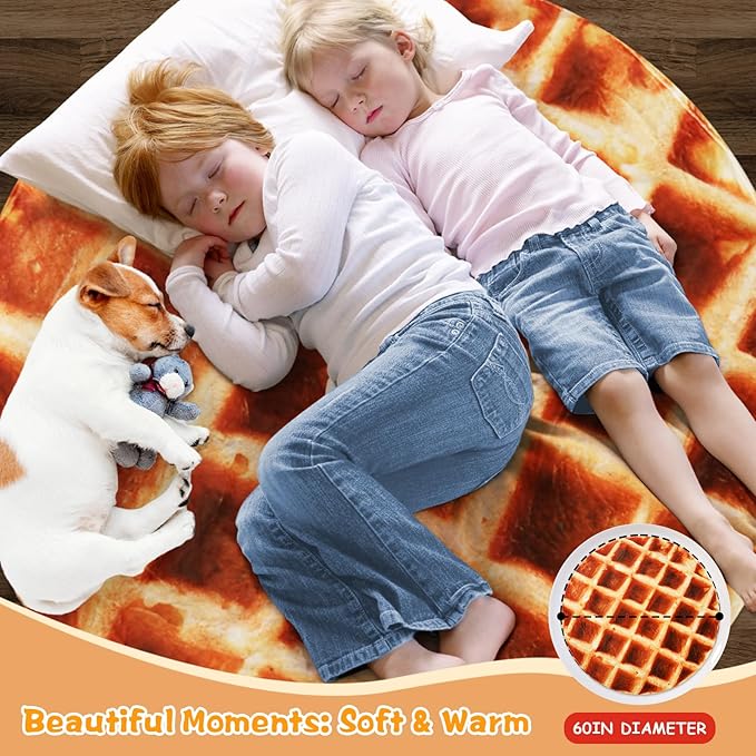 Waffle Blanket for Teen Kids, 60 inch Food Blanket for Funny Gifts, Round Throw Blanket, Warm Soft Flannel Funny for Bed/Office/Travel