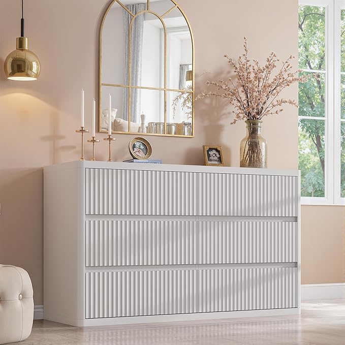 White 6 Drawers Double Dresser, Fluted Dresser for Bedroom, Modern Chest of Drawers with Handleless, Curved Profile Dressers TV Stand, Wood Storage Organizer for Living Room, Hallway
