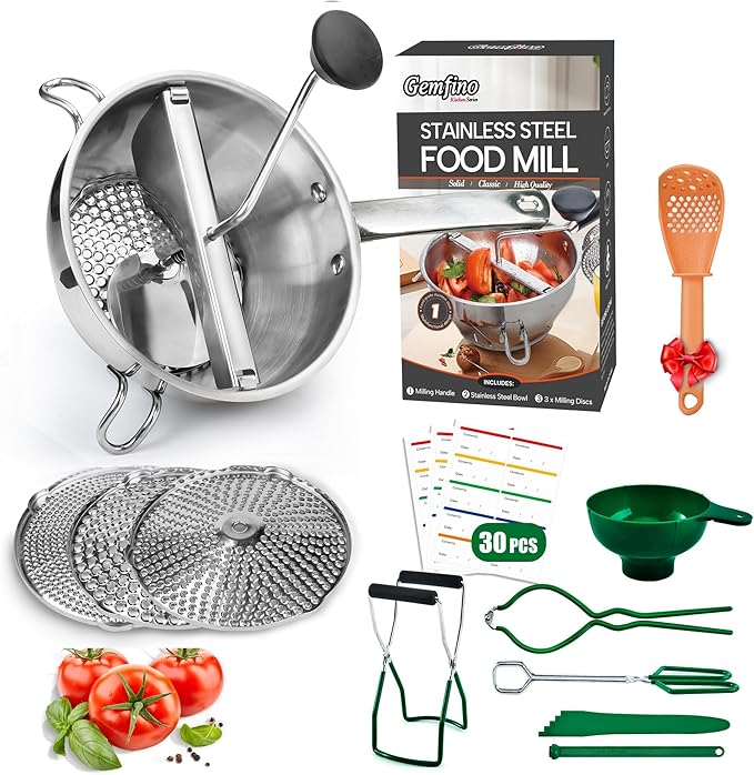 Food Mill Stainless Steel With 3 Grinding Discs and Complete Canning Supplies Starter Kit of 8-Includes Tongs, Jar Lifter, Wrench, Lid Lifter, measurer,Funnel,Labels,Multifunctional Spoon(BX-OG-GR)